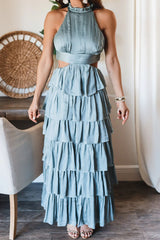 Slate Blue Tiered Halter Midi Dress