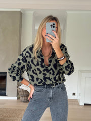 Green Leopard Print Button Down Shirt