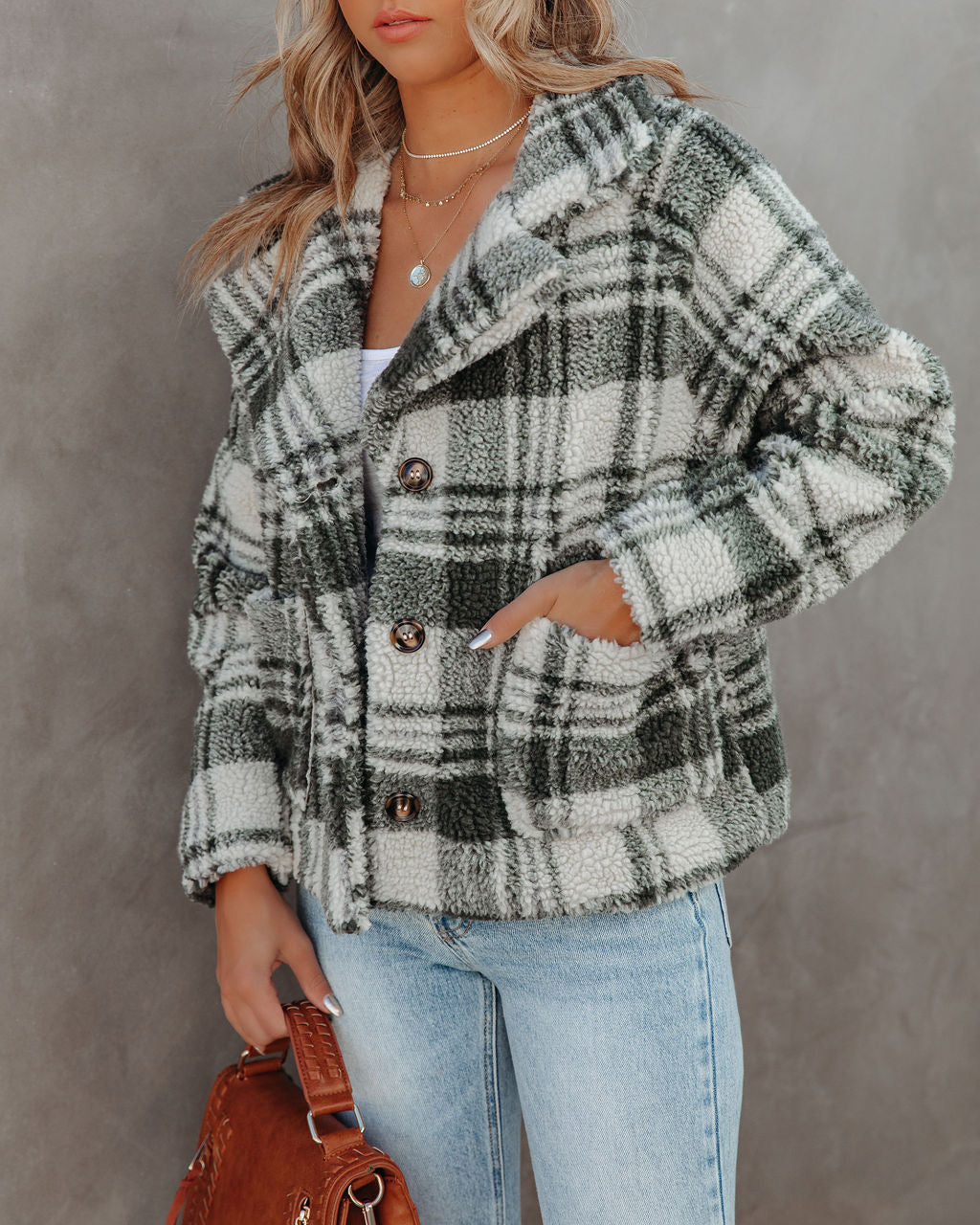 Pinole Pocketed Plaid Teddy Jacket - Grey - FINAL SALE