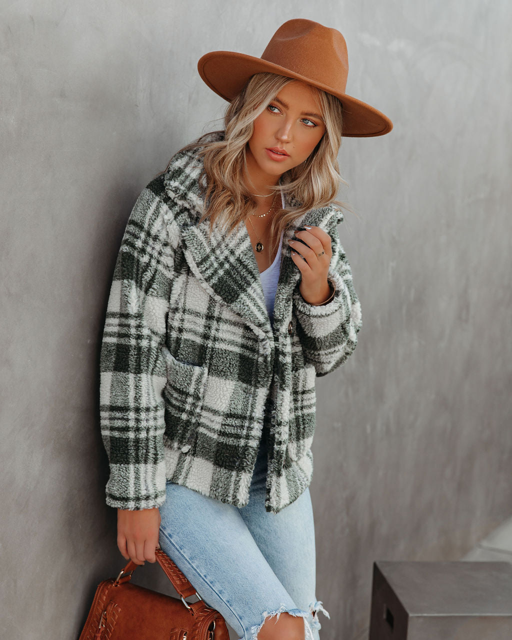 Pinole Pocketed Plaid Teddy Jacket - Grey - FINAL SALE