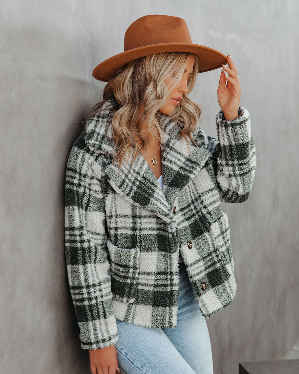 Pinole Pocketed Plaid Teddy Jacket - Grey - FINAL SALE