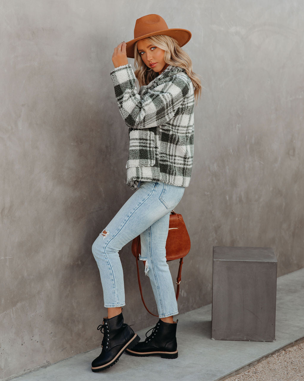 Pinole Pocketed Plaid Teddy Jacket - Grey - FINAL SALE