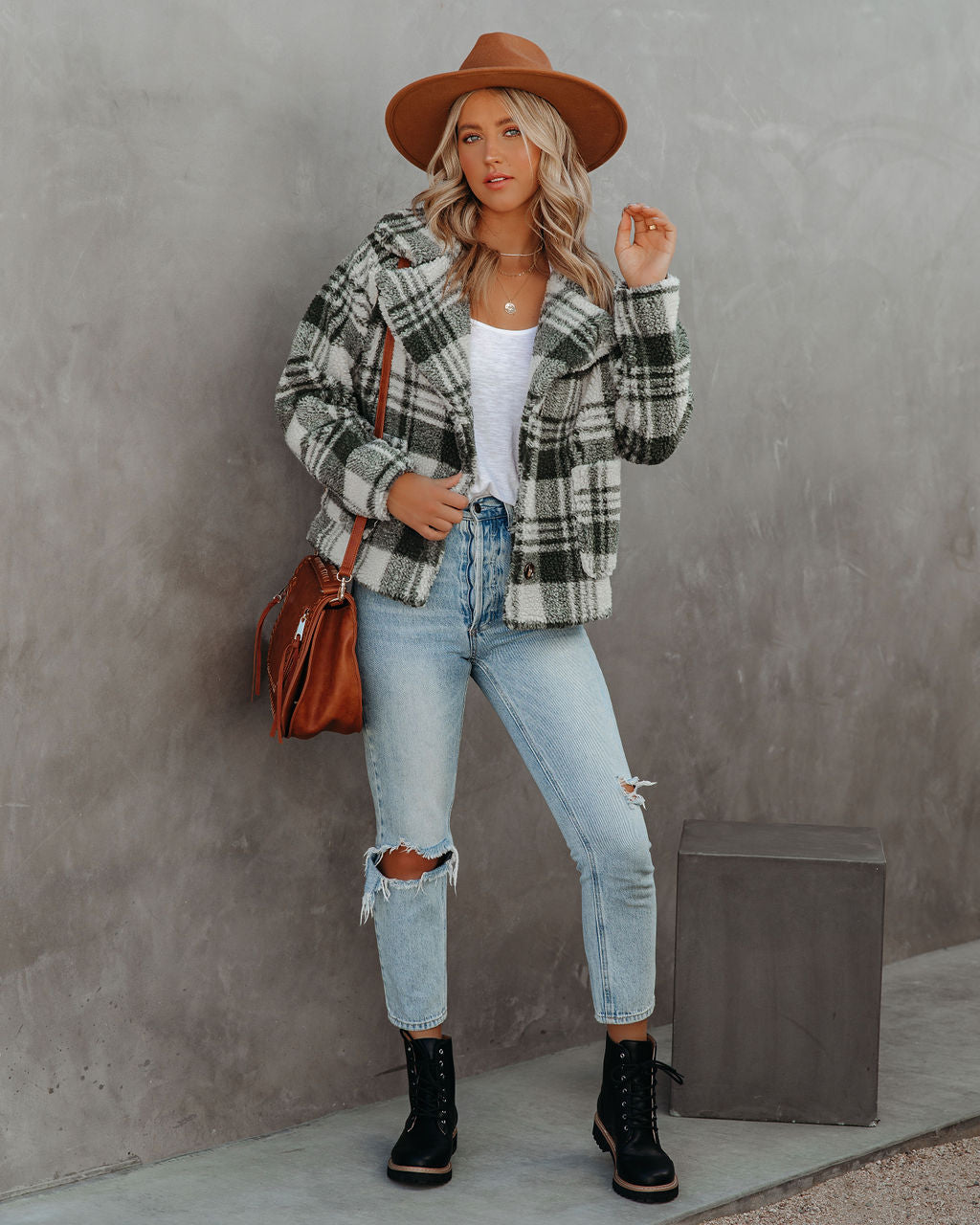 Pinole Pocketed Plaid Teddy Jacket - Grey - FINAL SALE