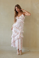 Sweet Pink Floral Ruffle Maxi Dress