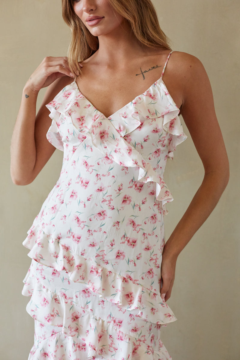 Sweet Pink Floral Ruffle Maxi Dress โ Groovy Mimi