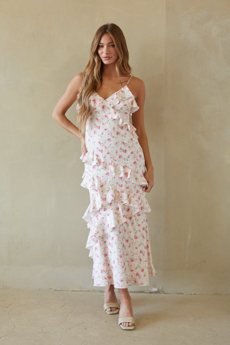 Sweet Pink Floral Ruffle Maxi Dress