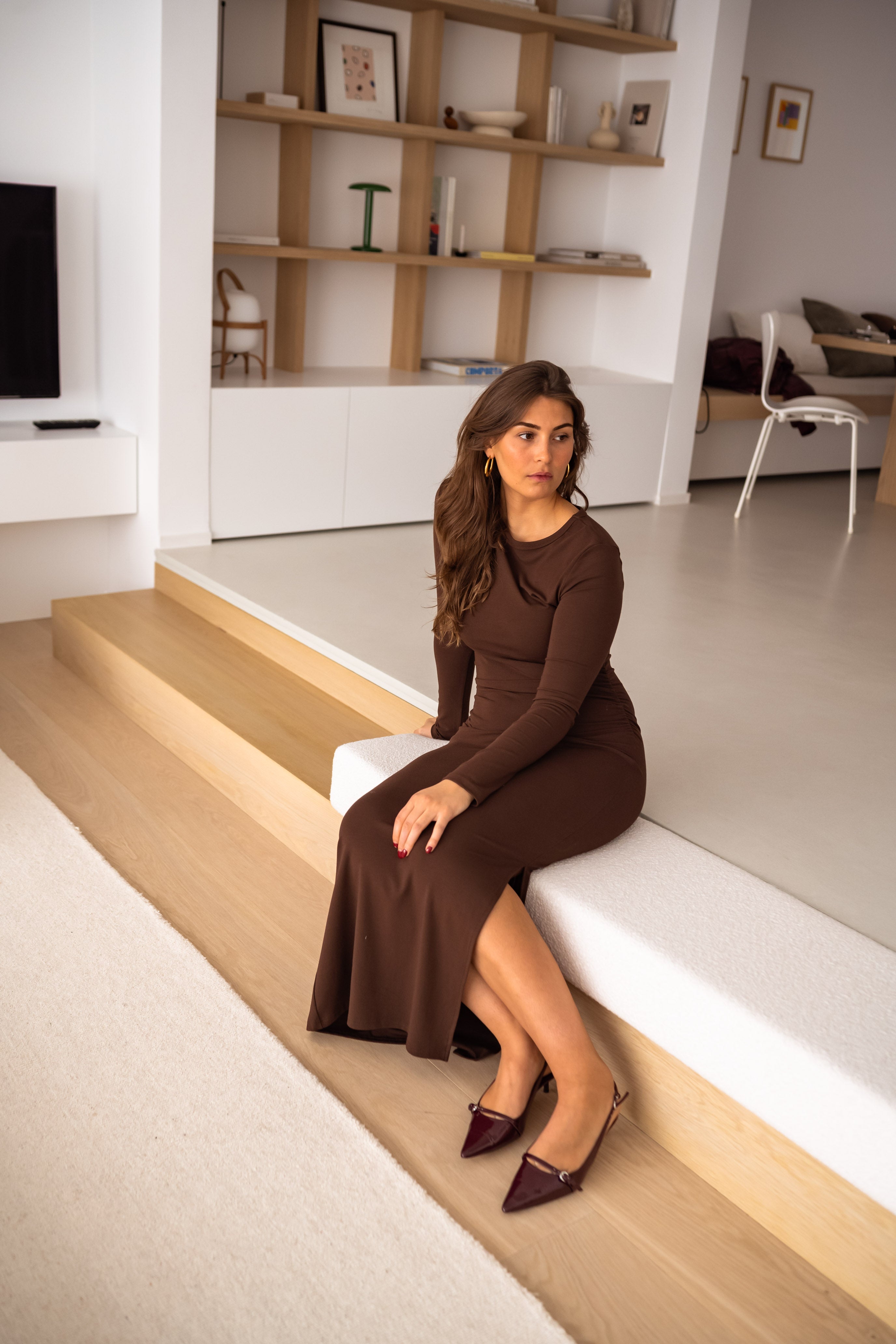 Brown Elegant Long Sleeves Midi Dress – Groovy Mimi