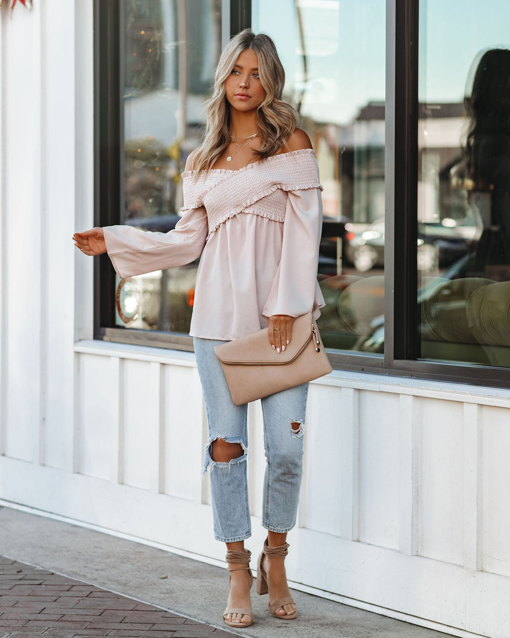 Rosie Smocked Off The Shoulder Top - Sandshell