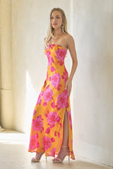 Orange Floral Satin Strapless Maxi Dress