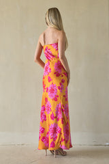 Orange Floral Satin Strapless Maxi Dress
