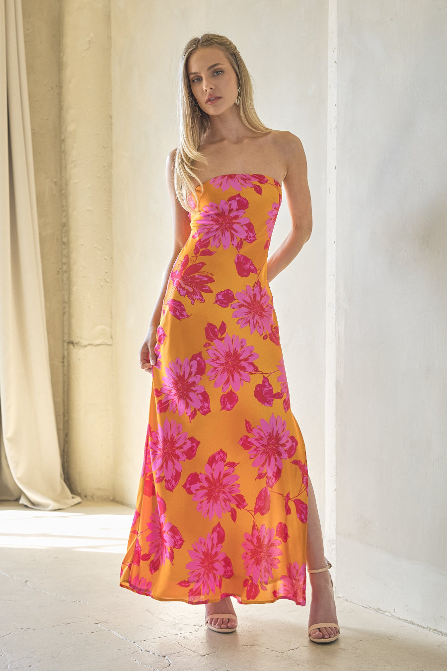 Orange Floral Satin Strapless Maxi Dress