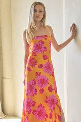 Orange Floral Satin Strapless Maxi Dress