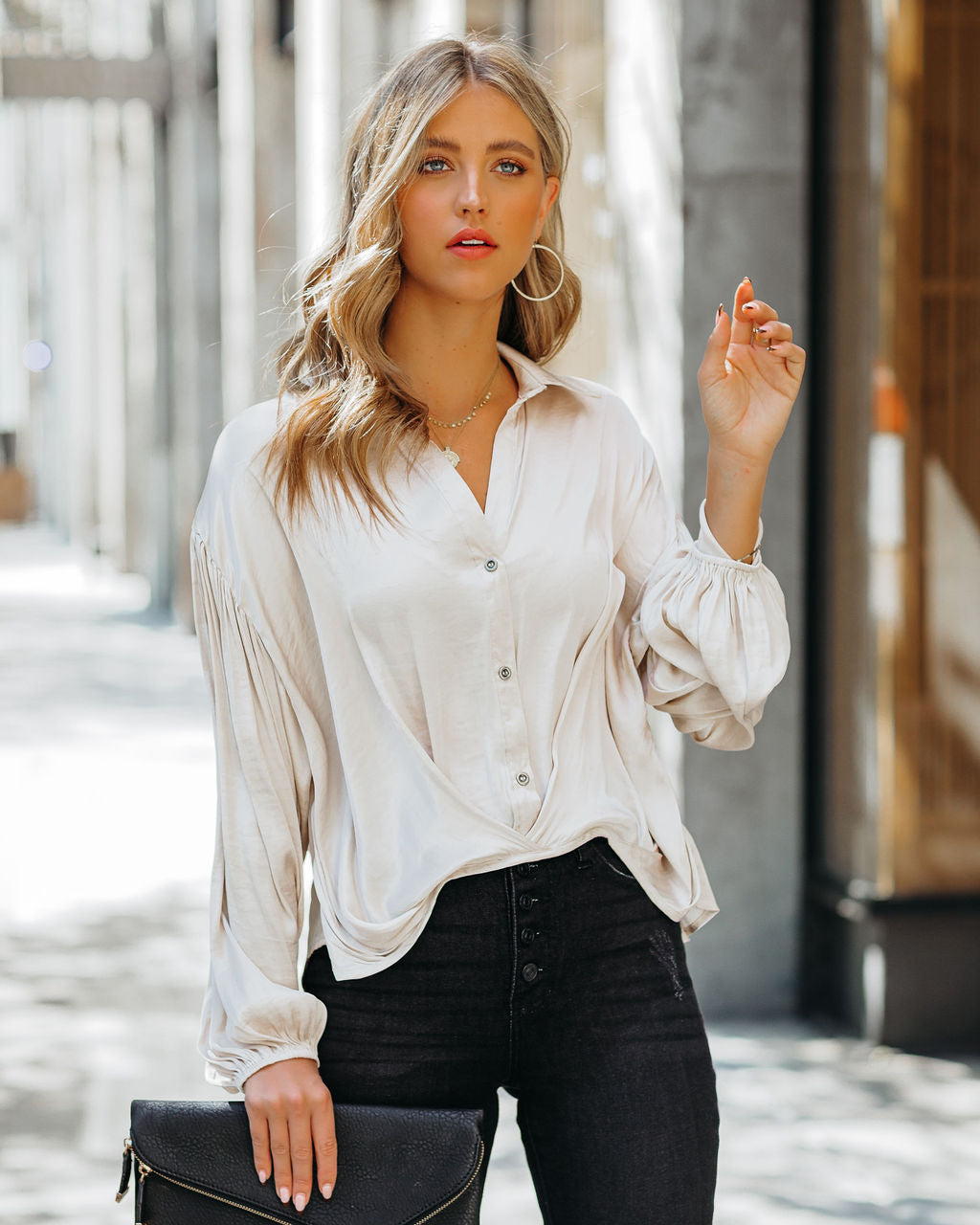 Sarah Satin Button Down Blouse - Champagne