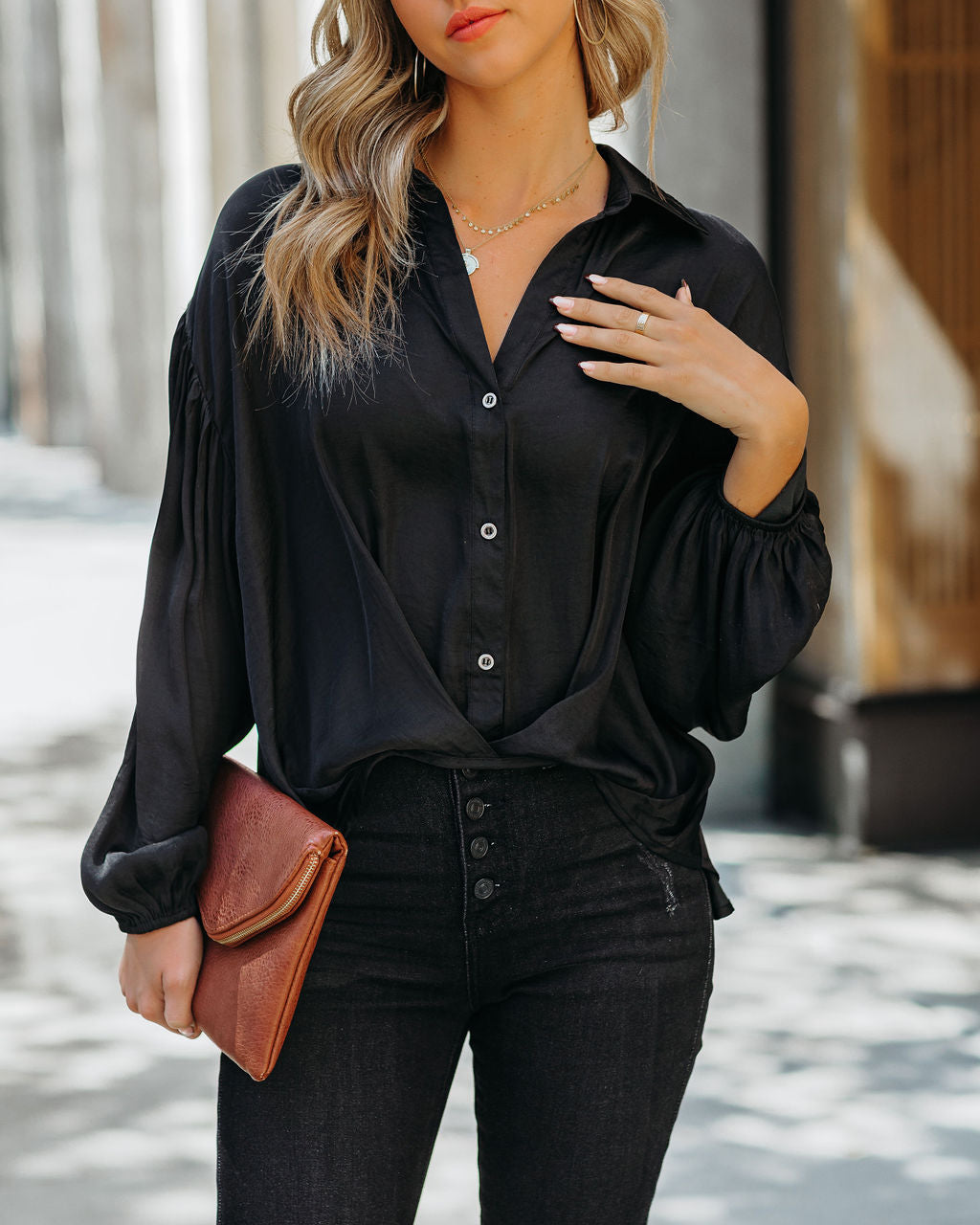 Black-Sarah Satin Button Down Blouse