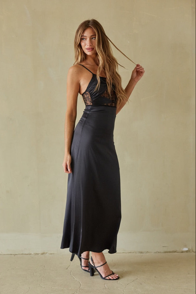 Black Crochet Lace Insert Maxi Dress