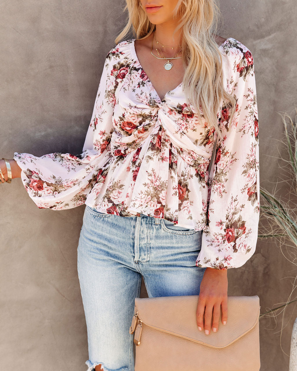 Sure Thing Floral Balloon Sleeve Twist Blouse - Cream
