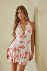 Pink Floral Halter Mini Dress