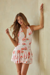 Pink Floral Halter Mini Dress