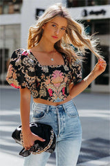Ximena Puff Sleeve Embroidered Crop Blouse
