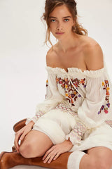 White Off Shoulder Long Sleeves Midi Dress