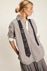 Navy Striped Print Collared Shirt