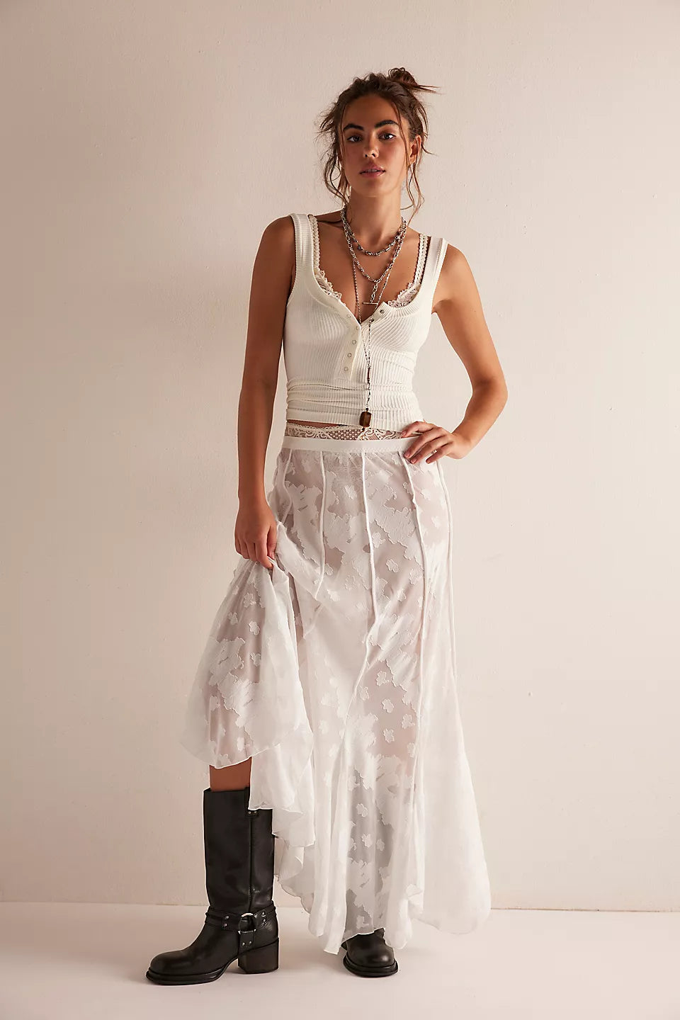 White Semi-Sheer Lace Midi Skirt