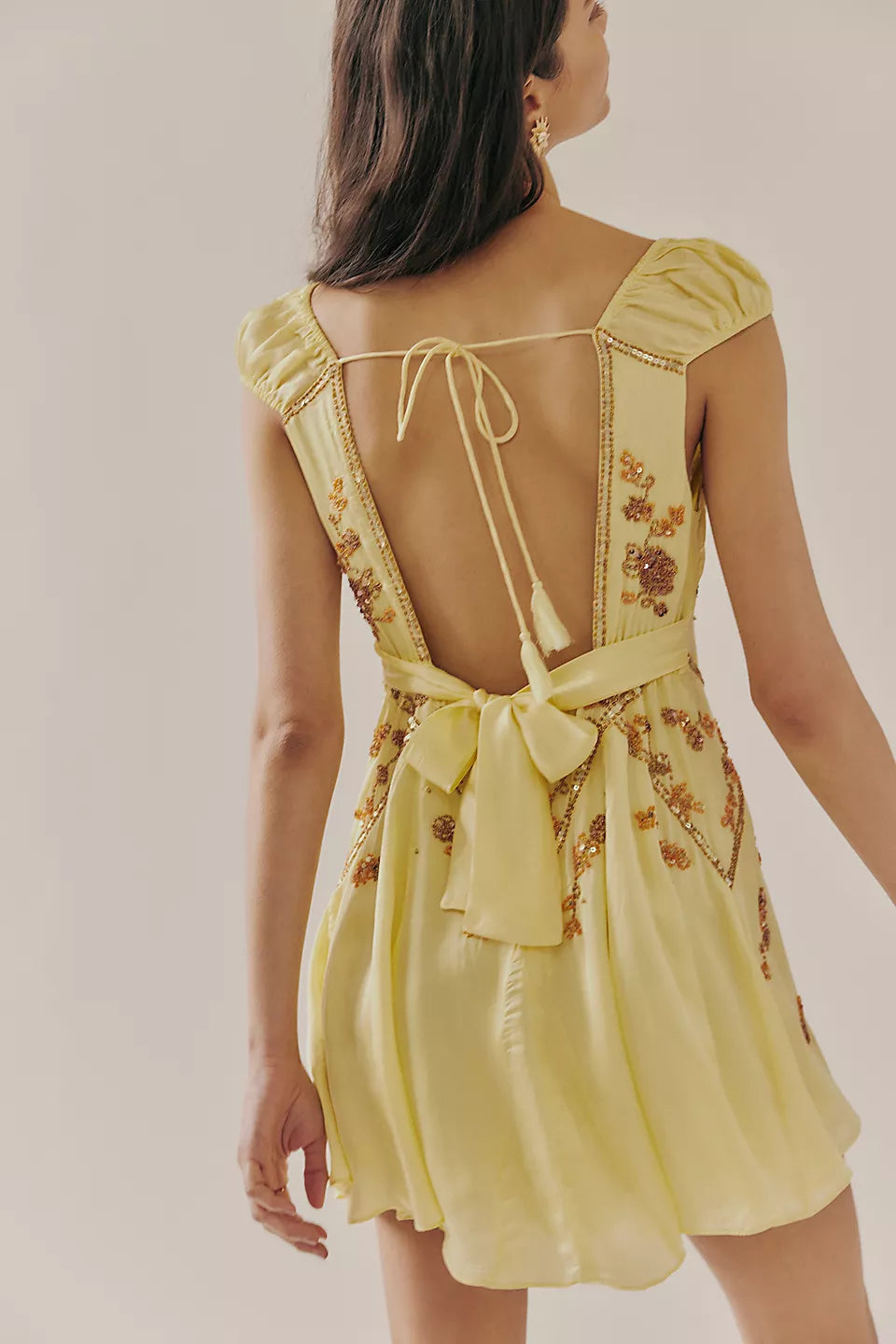 Yellow Floral Backless Mini Dress