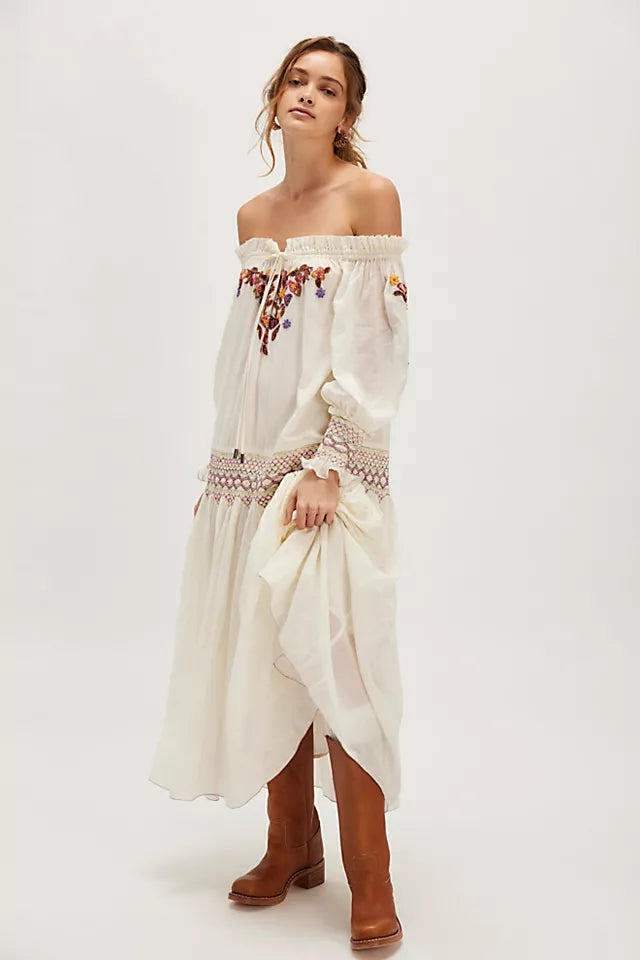 White Off Shoulder Long Sleeves Midi Dress