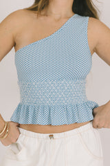 Blue Plaid One Shoulder Top