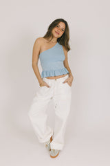 Blue Plaid One Shoulder Top