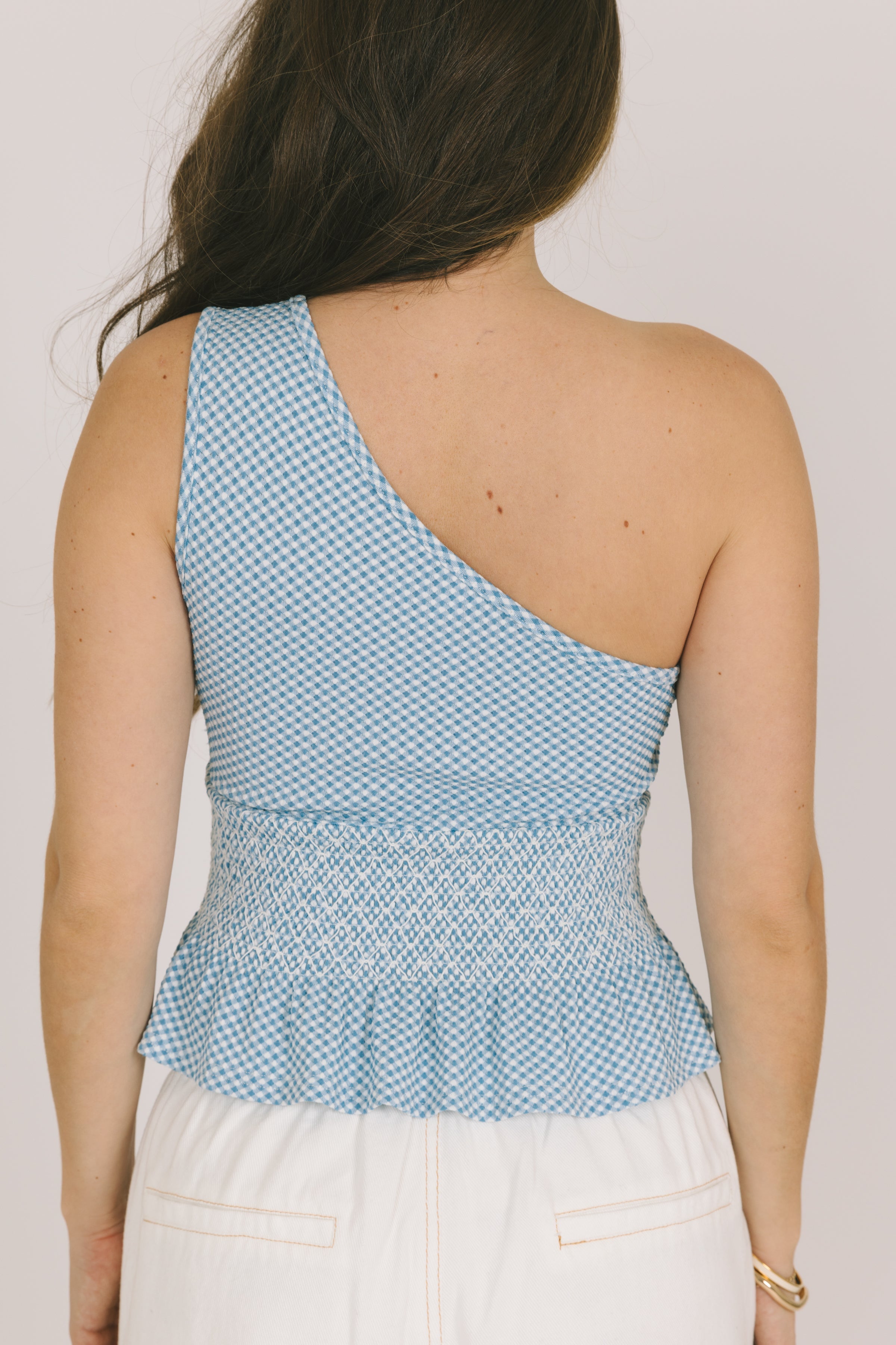 Blue Plaid One Shoulder Top