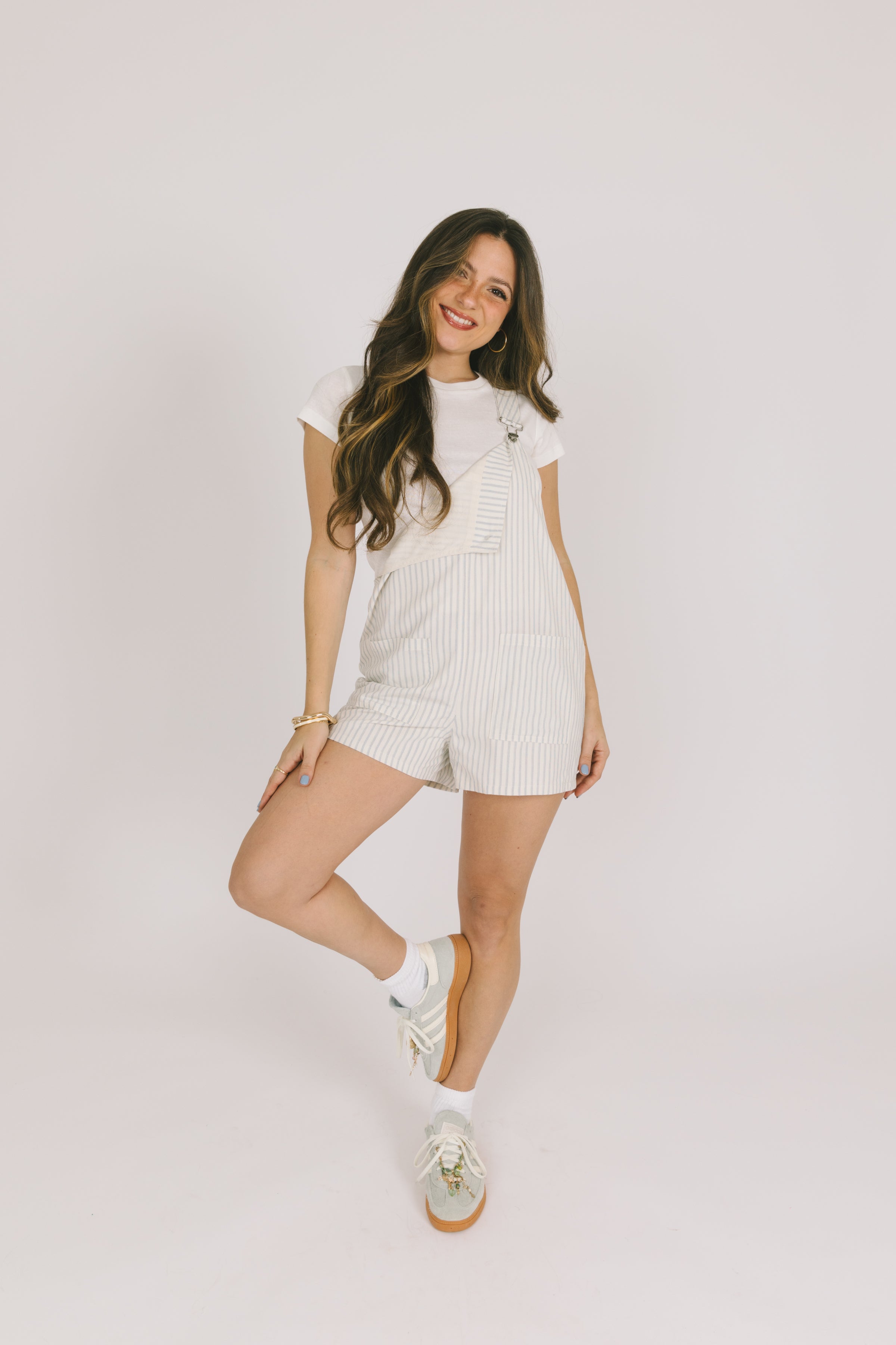 White Striped Shorts Overalls