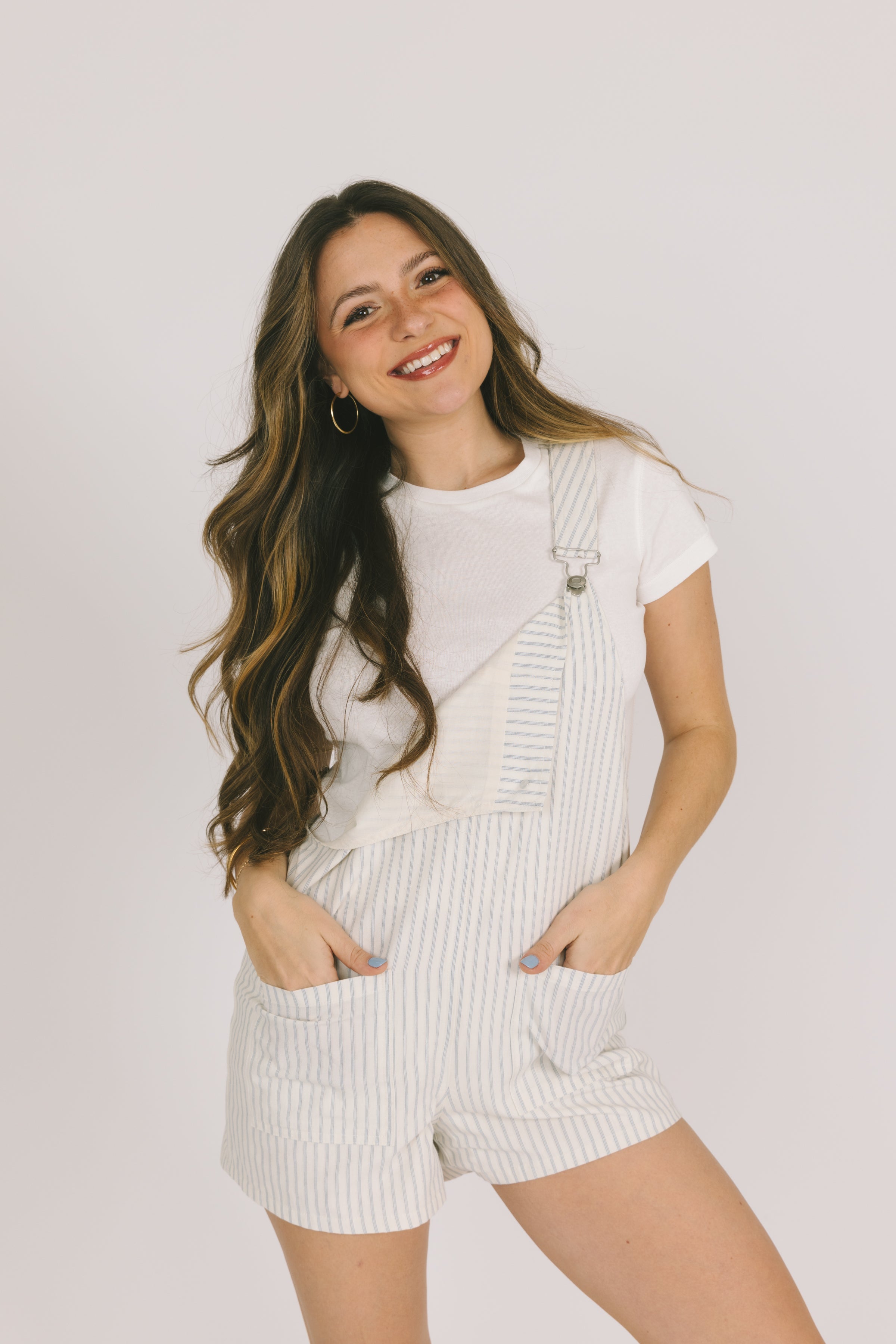 White Striped Shorts Overalls