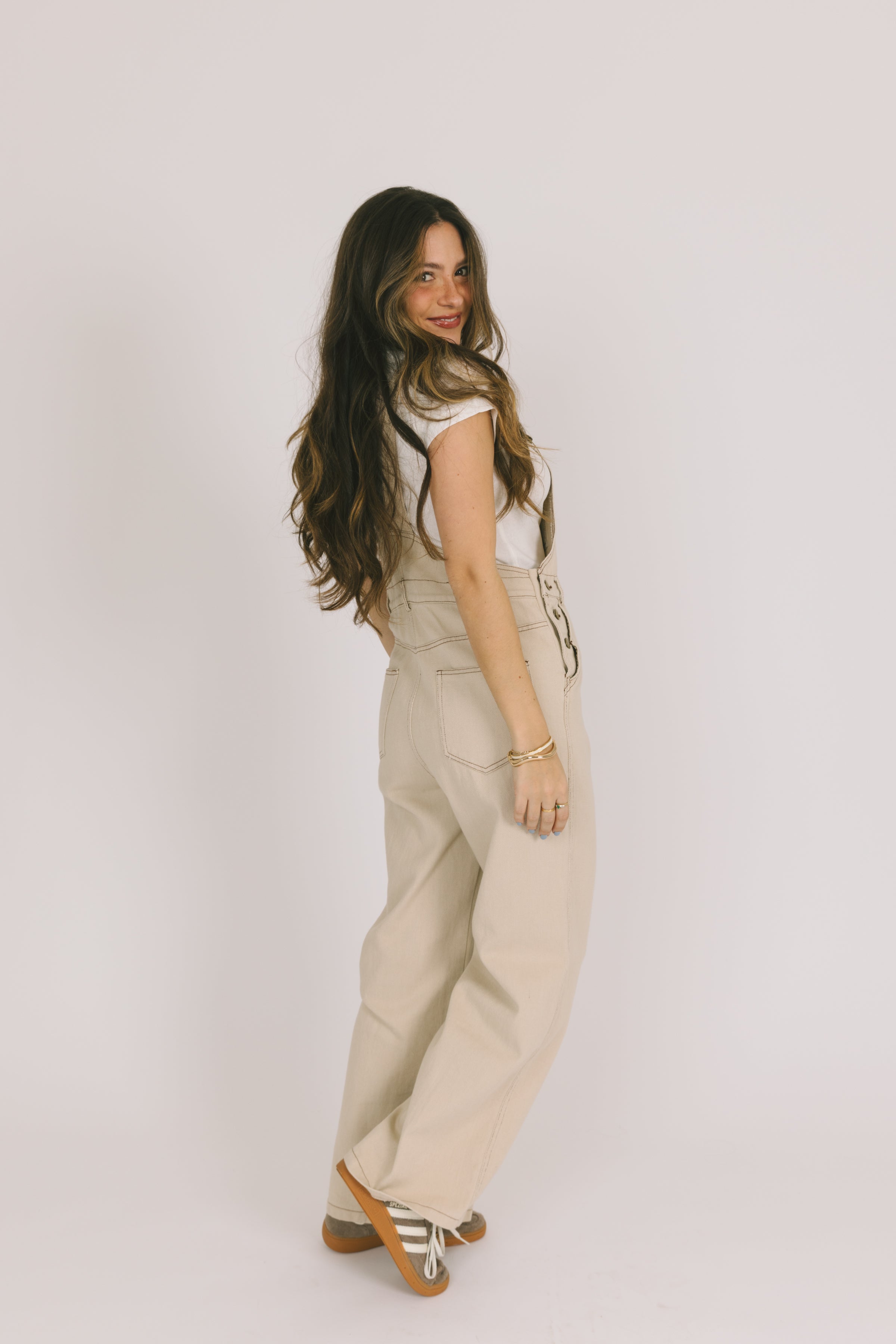 Beige Wide-Lege Overalls