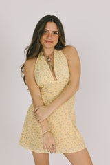 Yellow Floral V Neck Mini Dress