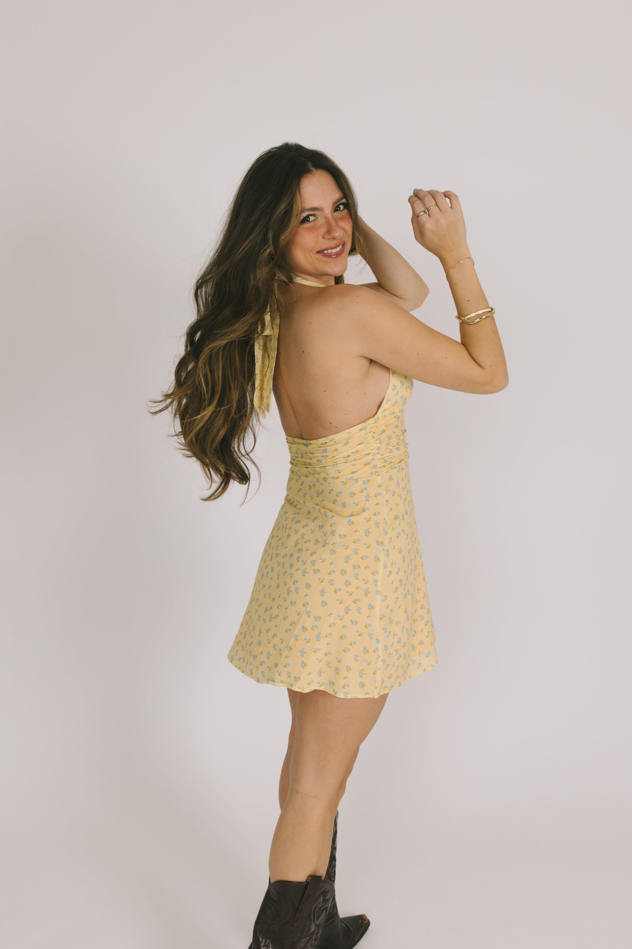 Yellow Floral V Neck Mini Dress