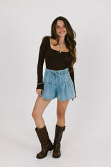 Blue Denim Pleated Withdraw Shorts