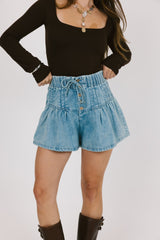 Blue Denim Pleated Withdraw Shorts