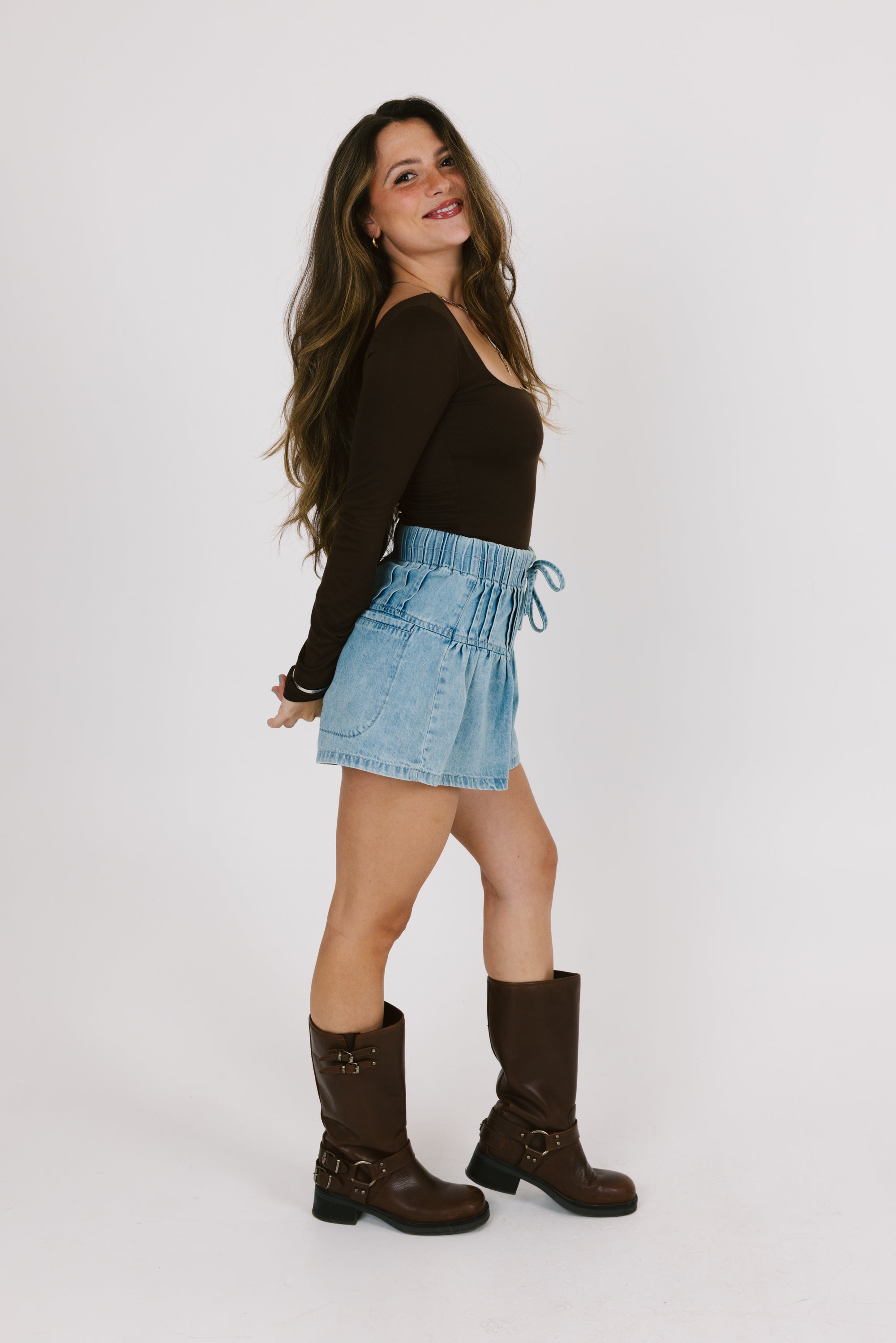 Blue Denim Pleated Withdraw Shorts