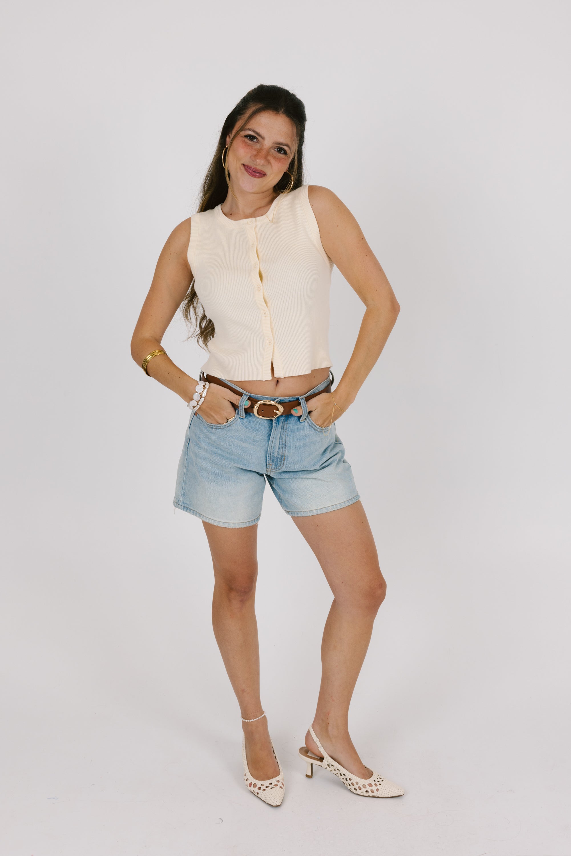 Beige Knit Buttoned Tank Top