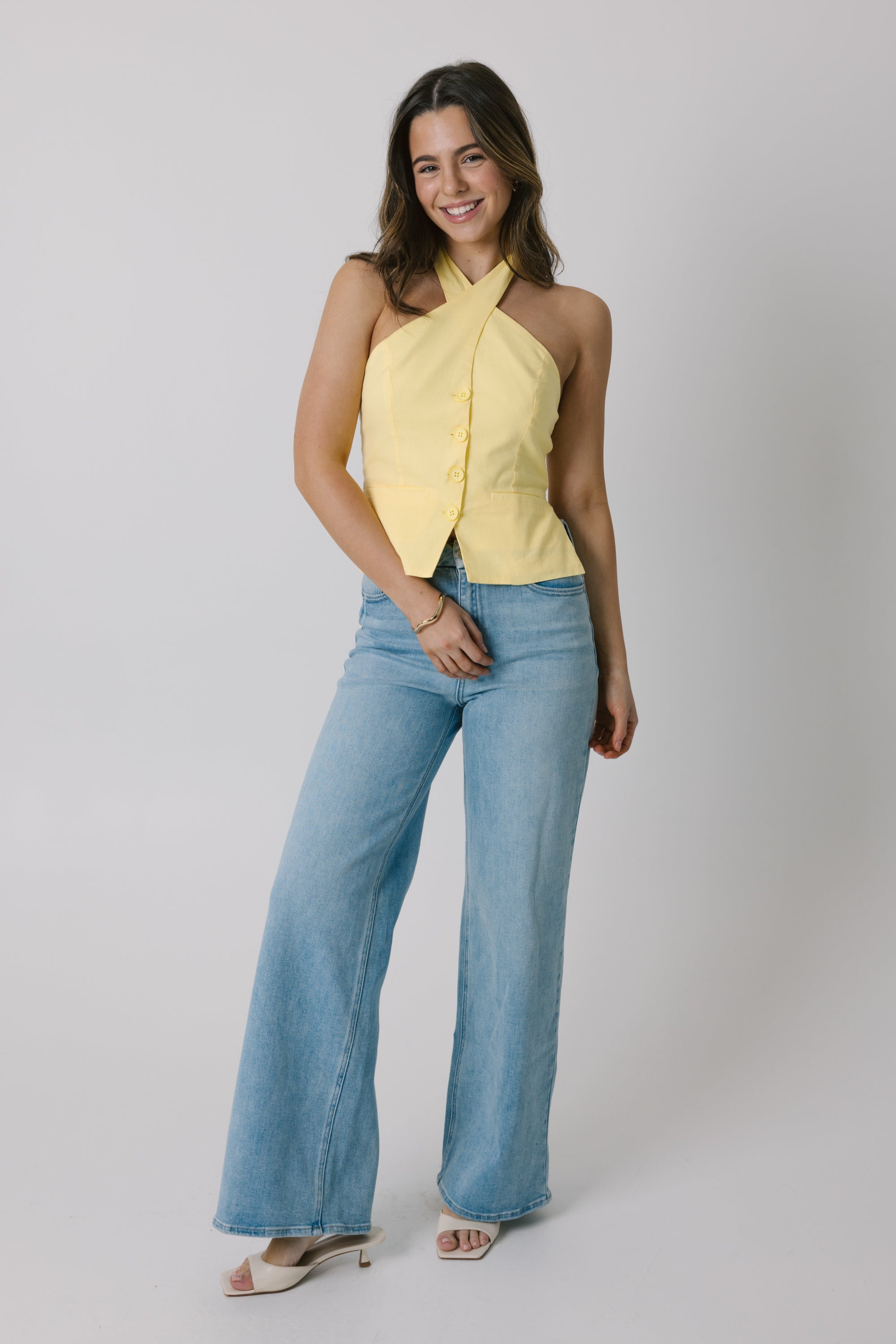 Yellow Buttoned Crossover Top
