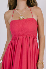 Red Smocked Yoke Maxi Dress