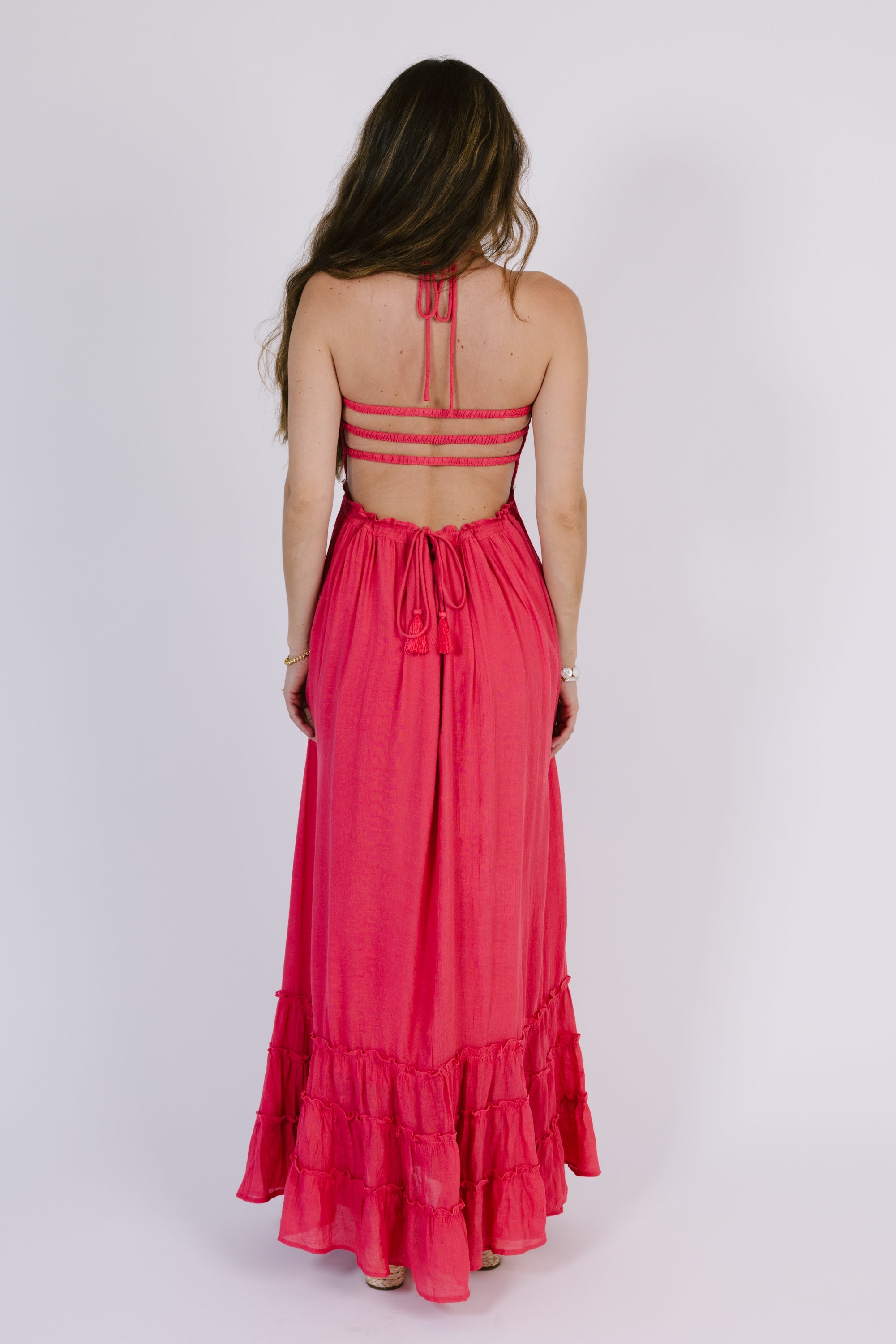 Red Smocked Yoke Maxi Dress
