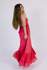 Red Smocked Yoke Maxi Dress