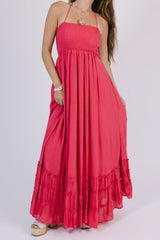 Red Smocked Yoke Maxi Dress