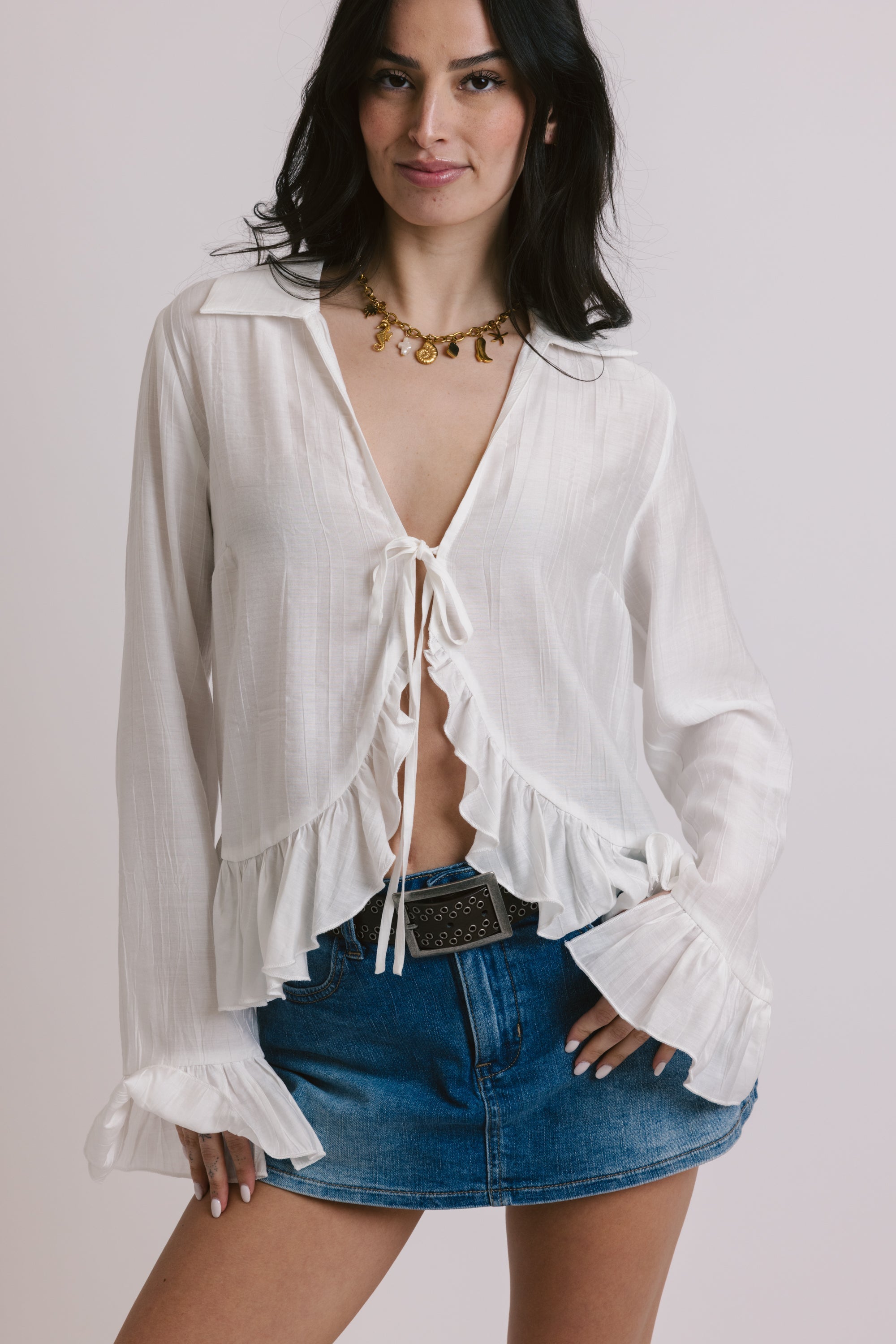 White Ruffled Front-Tie Top