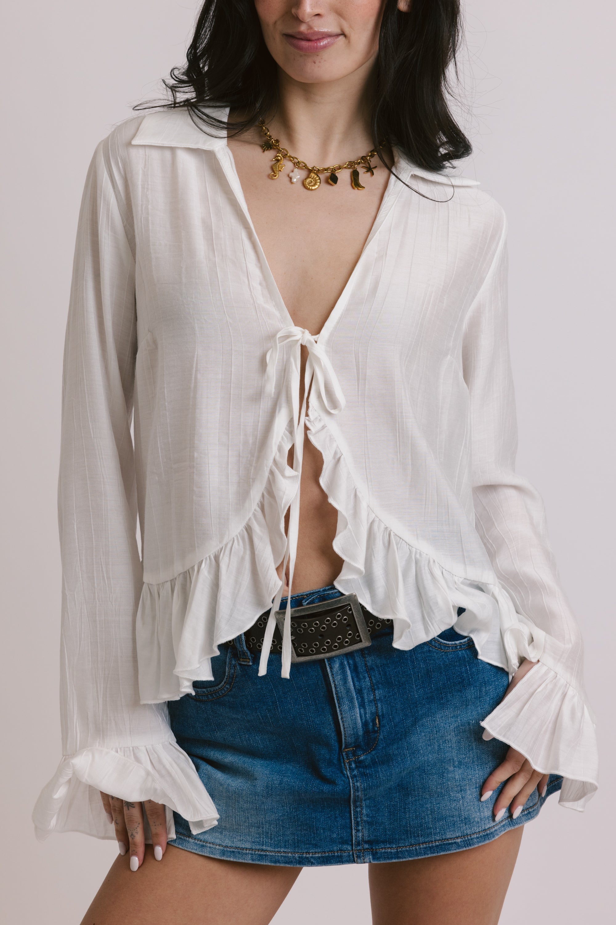 White Ruffled Front-Tie Top