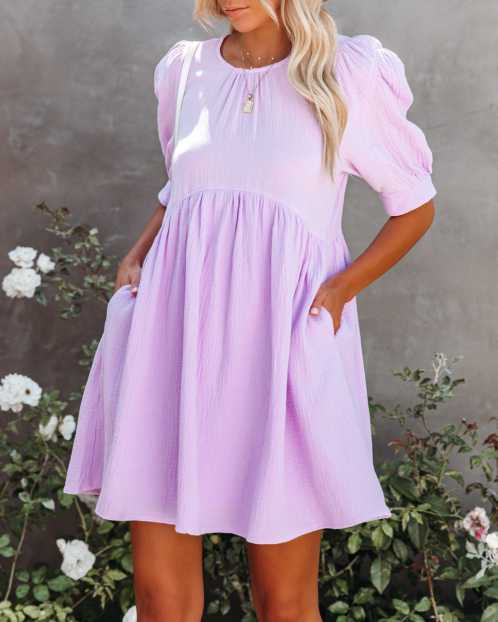 Lavender Amber Cotton Pocketed Puff Sleeve Dress