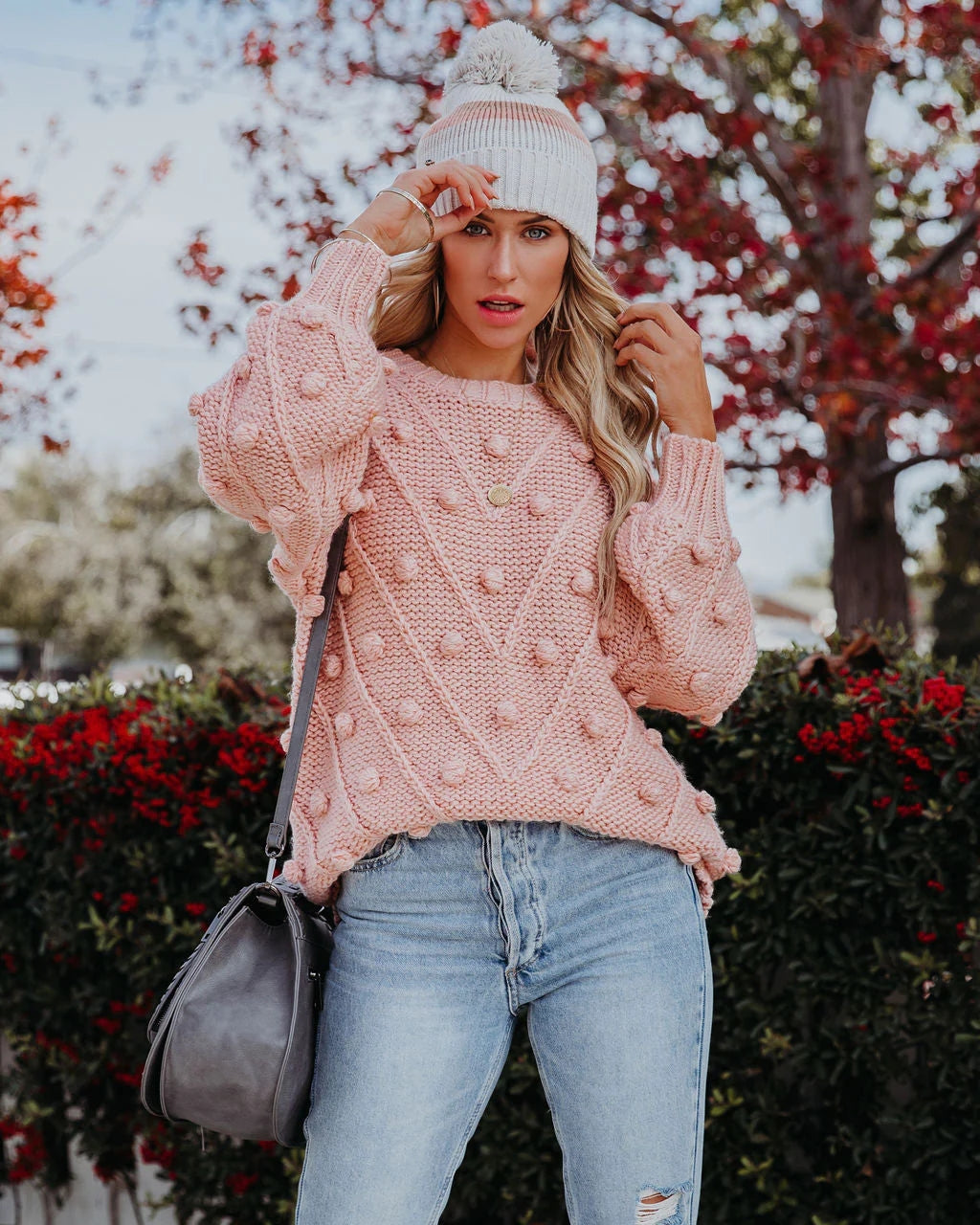 Blush Pink Pom Knit Sweater