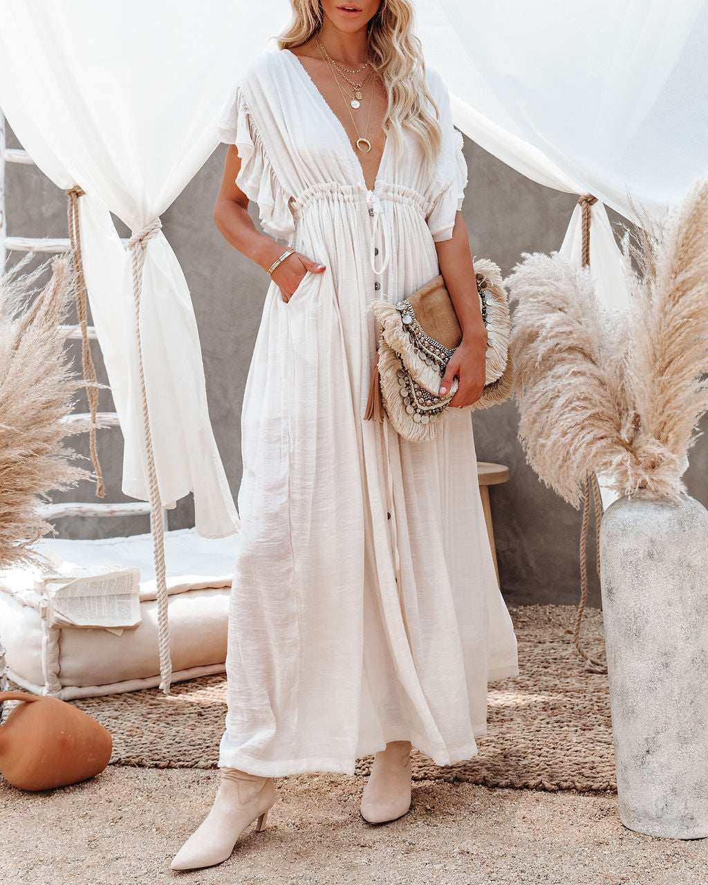 Anika Pocketed Button Down Ruffle Maxi Dress - Bamboo Cream